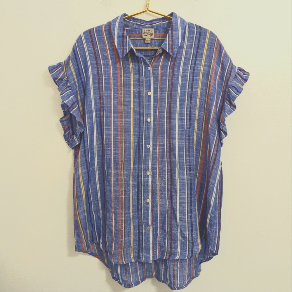 Como Vintage Large Blue and Multicolor Striped Boxy Button Down Shirt